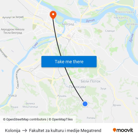 Kolonija to Fakultet za kulturu i medije Megatrend map