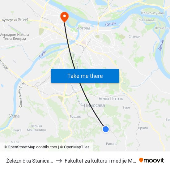 Železnička Stanica Ripanj to Fakultet za kulturu i medije Megatrend map