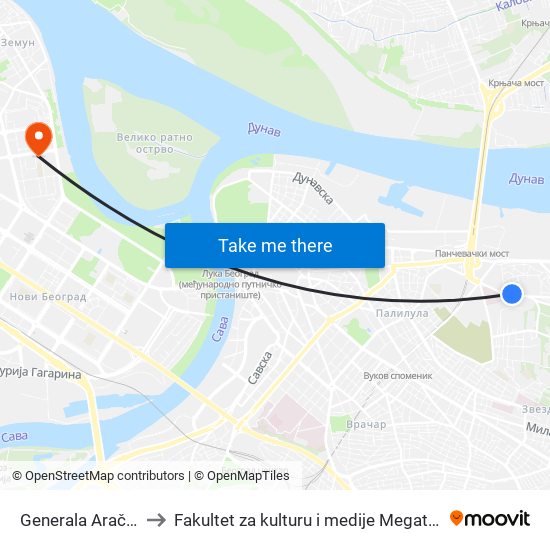 Generala Aračića to Fakultet za kulturu i medije Megatrend map