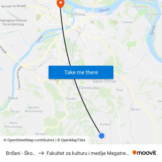 Brđani - Škola to Fakultet za kulturu i medije Megatrend map