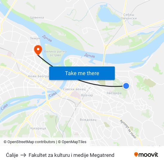 Ćalije to Fakultet za kulturu i medije Megatrend map