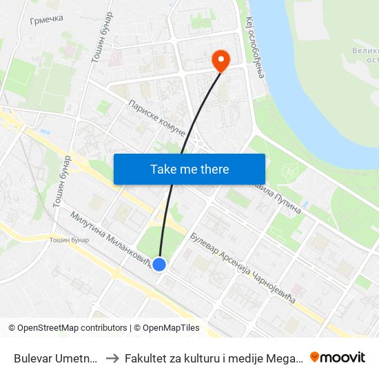 Bulevar Umetnosti to Fakultet za kulturu i medije Megatrend map