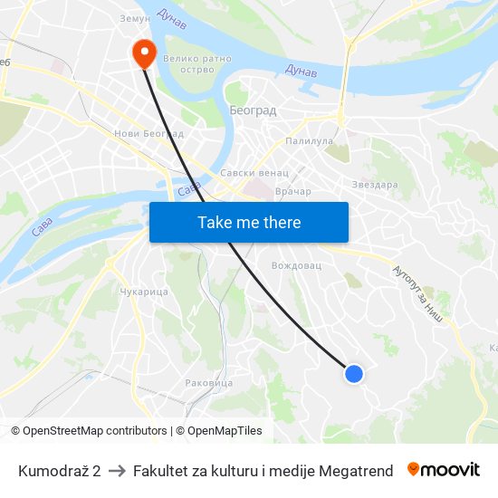 Kumodraž 2 to Fakultet za kulturu i medije Megatrend map