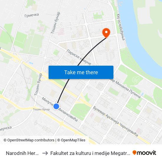 Narodnih Heroja to Fakultet za kulturu i medije Megatrend map