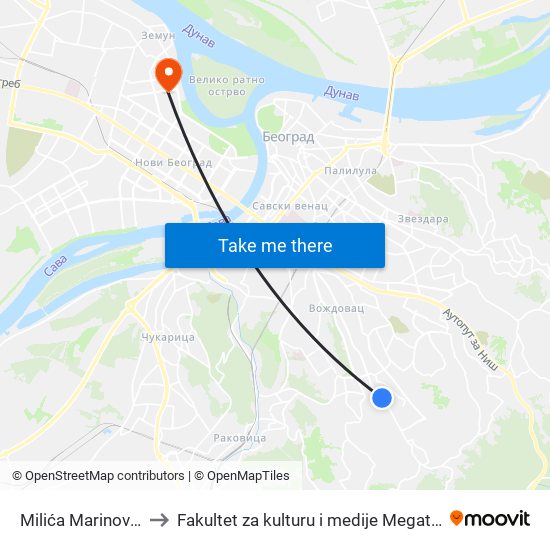 Milića Marinovića to Fakultet za kulturu i medije Megatrend map