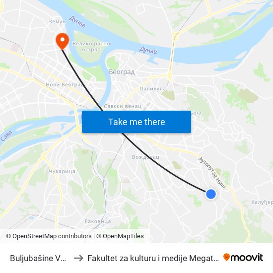 Buljubašine Vode to Fakultet za kulturu i medije Megatrend map