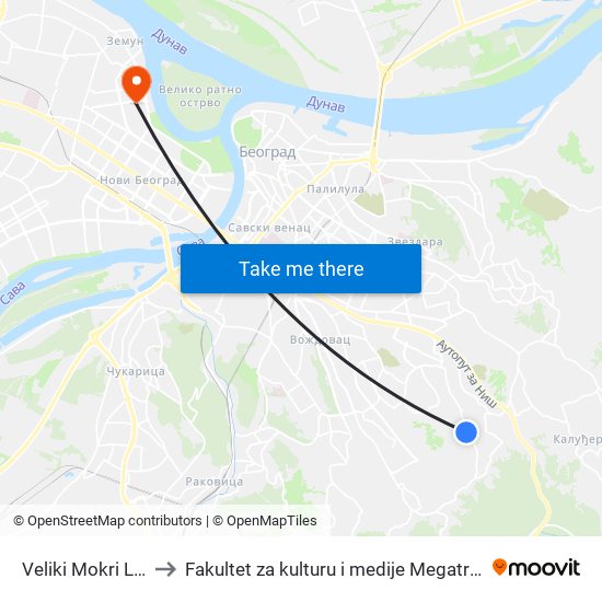 Veliki Mokri Lug to Fakultet za kulturu i medije Megatrend map