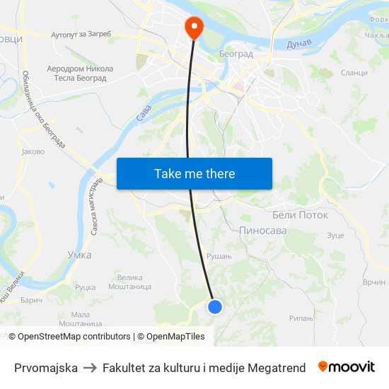 Prvomajska to Fakultet za kulturu i medije Megatrend map