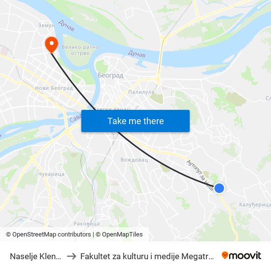 Naselje Klenak to Fakultet za kulturu i medije Megatrend map