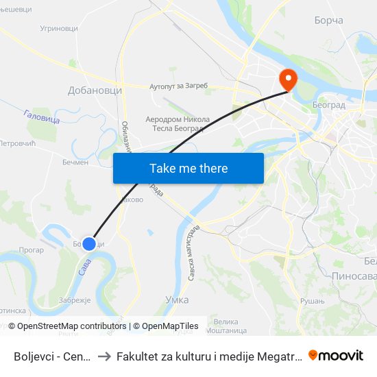 Boljevci - Centar to Fakultet za kulturu i medije Megatrend map