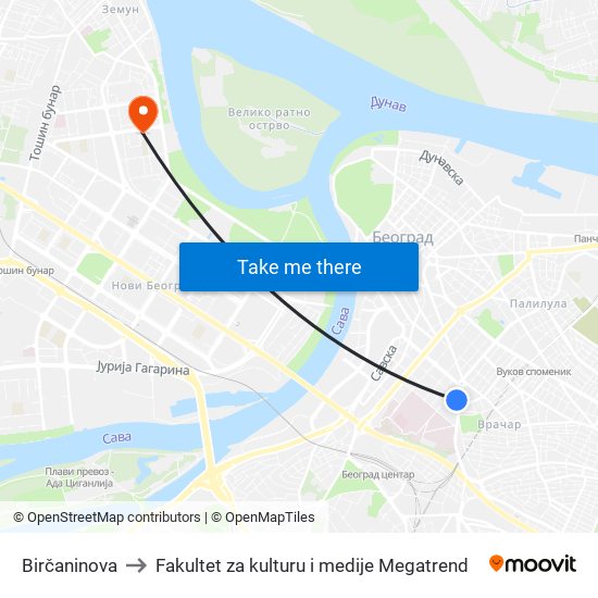 Birčaninova to Fakultet za kulturu i medije Megatrend map