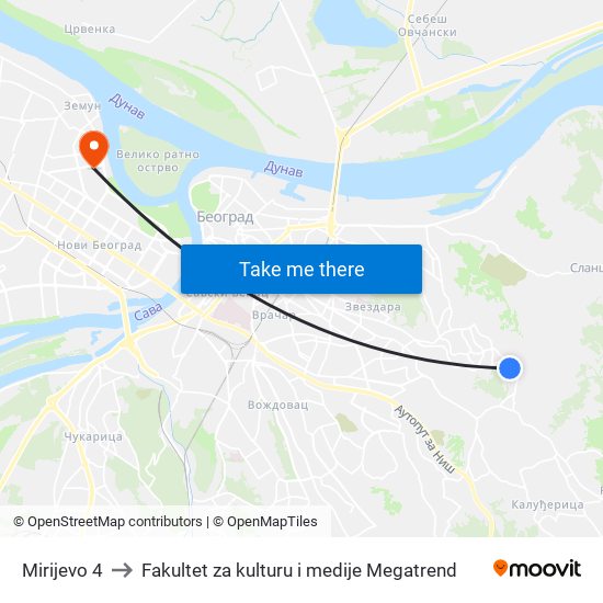 Mirijevo 4 to Fakultet za kulturu i medije Megatrend map