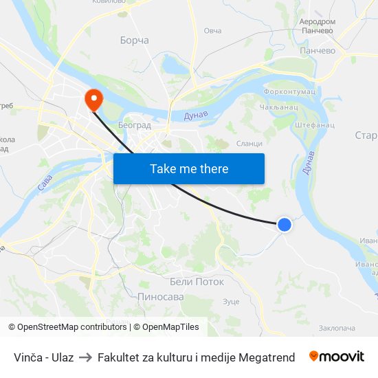 Vinča - Ulaz to Fakultet za kulturu i medije Megatrend map