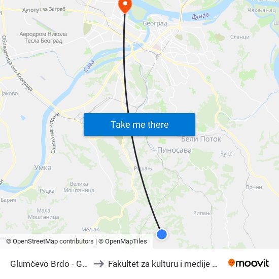 Glumčevo Brdo - Gorčinac to Fakultet za kulturu i medije Megatrend map