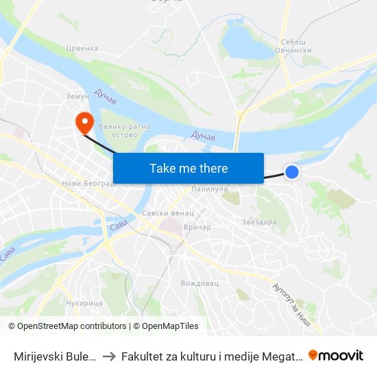 Mirijevski Bulevar to Fakultet za kulturu i medije Megatrend map