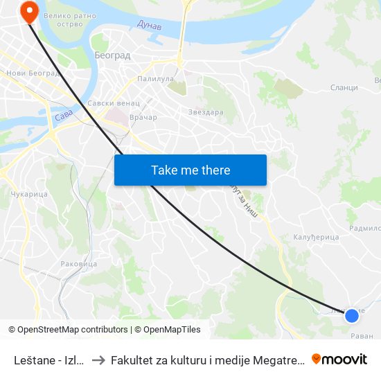 Leštane - Izlaz to Fakultet za kulturu i medije Megatrend map