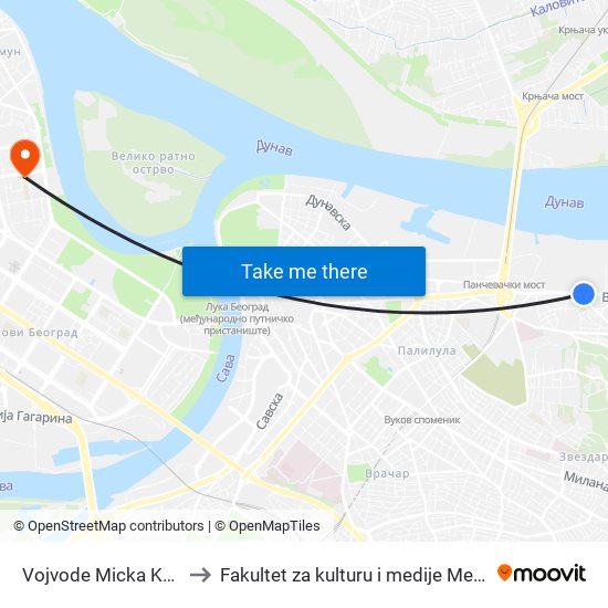 Vojvode Micka Krstića to Fakultet za kulturu i medije Megatrend map