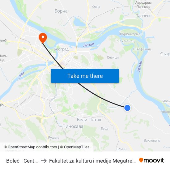 Boleč - Centar to Fakultet za kulturu i medije Megatrend map