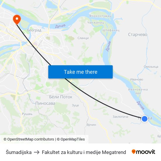 Šumadijska to Fakultet za kulturu i medije Megatrend map