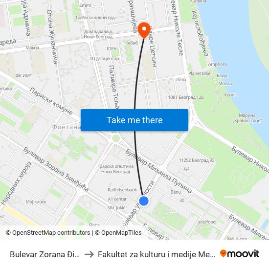 Bulevar Zorana Đinđića to Fakultet za kulturu i medije Megatrend map