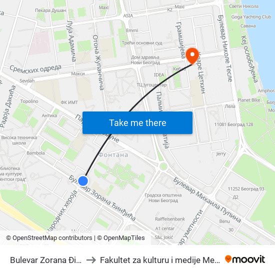 Bulevar Zorana Đinđića to Fakultet za kulturu i medije Megatrend map