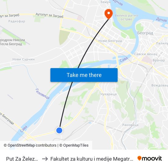 Put Za Železnik to Fakultet za kulturu i medije Megatrend map