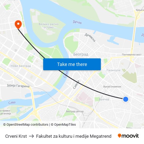 Crveni Krst to Fakultet za kulturu i medije Megatrend map