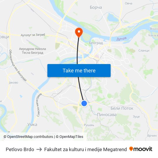 Petlovo Brdo to Fakultet za kulturu i medije Megatrend map