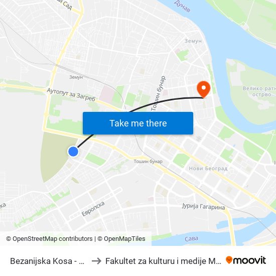 Bezanijska Kosa - Groblje to Fakultet za kulturu i medije Megatrend map