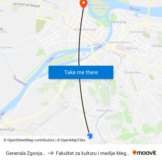 Generala Zgonjanina to Fakultet za kulturu i medije Megatrend map