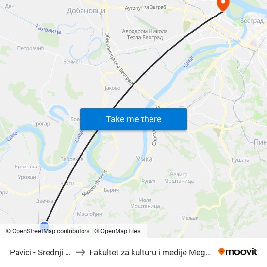 Pavići - Srednji Kraj to Fakultet za kulturu i medije Megatrend map