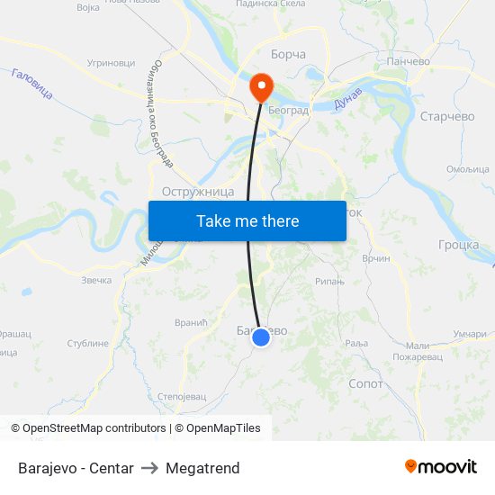 Barajevo - Centar to Megatrend map