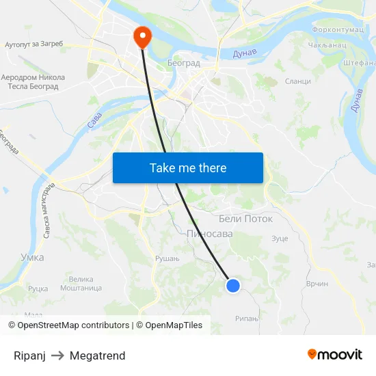 Ripanj to Megatrend map