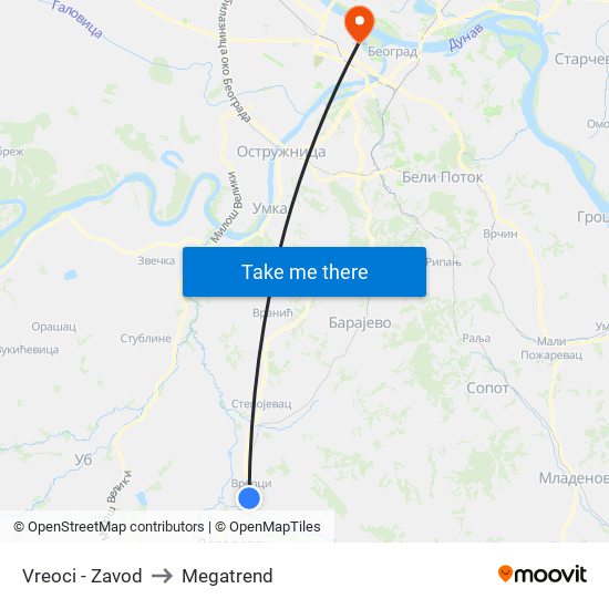 Vreoci - Zavod to Megatrend map