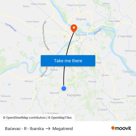 Baćevac - R - Ibarska to Megatrend map