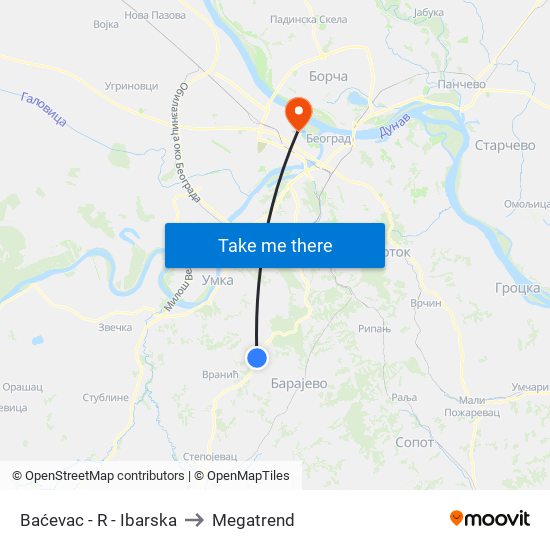 Baćevac - R - Ibarska to Megatrend map