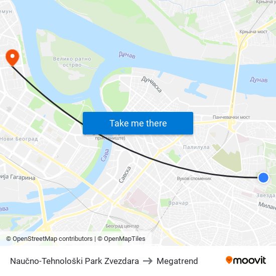 Naučno-Tehnološki Park Zvezdara to Megatrend map