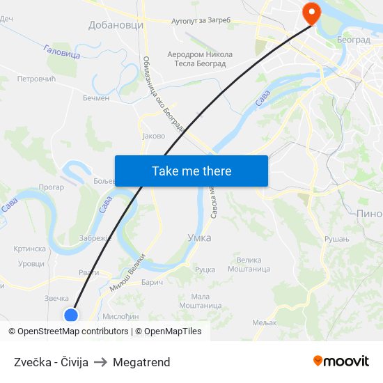 Zvečka - Čivija to Megatrend map