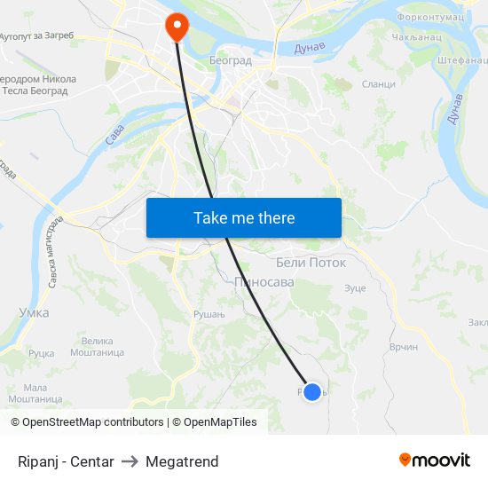 Ripanj - Centar to Megatrend map