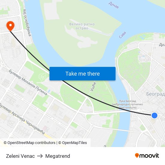 Zeleni Venac to Megatrend map
