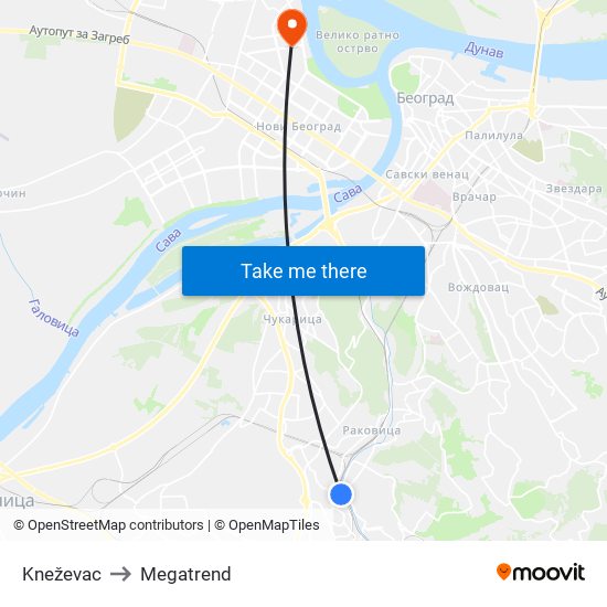 Kneževac to Megatrend map