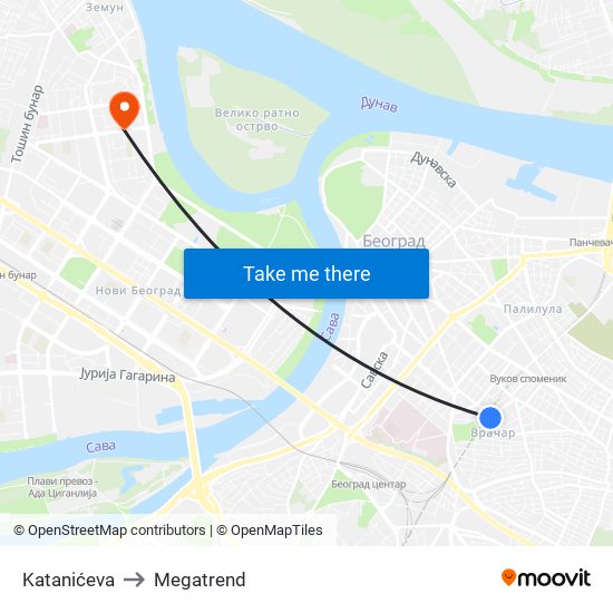 Katanićeva to Megatrend map