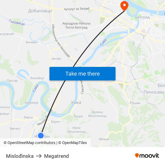 Mislođinska to Megatrend map