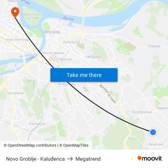 Novo Groblje - Kaluđerica to Megatrend map