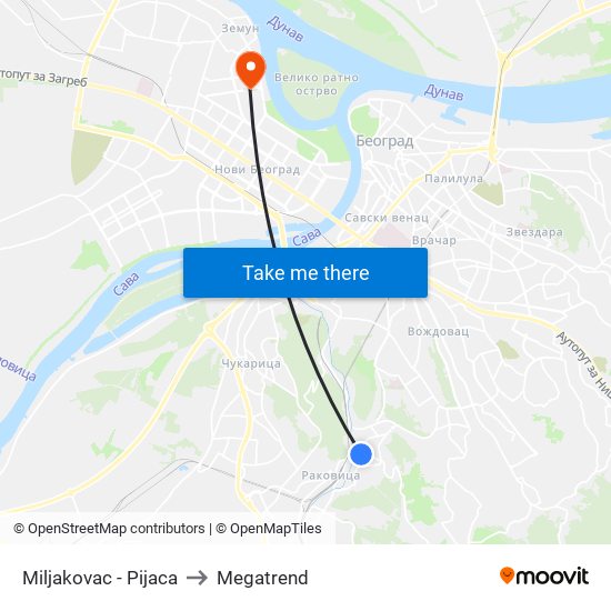 Miljakovac - Pijaca to Megatrend map