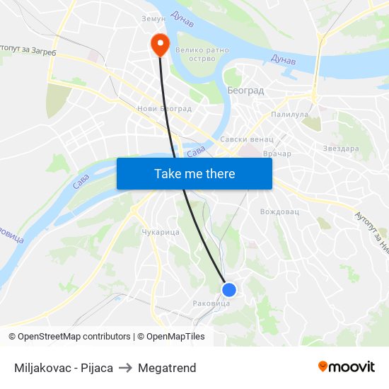 Miljakovac - Pijaca to Megatrend map
