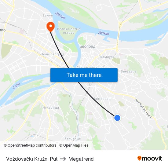 Voždovački Kružni Put to Megatrend map
