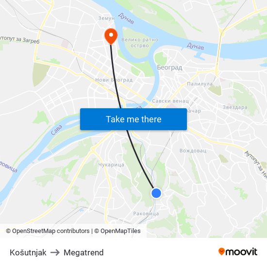 Košutnjak to Megatrend map