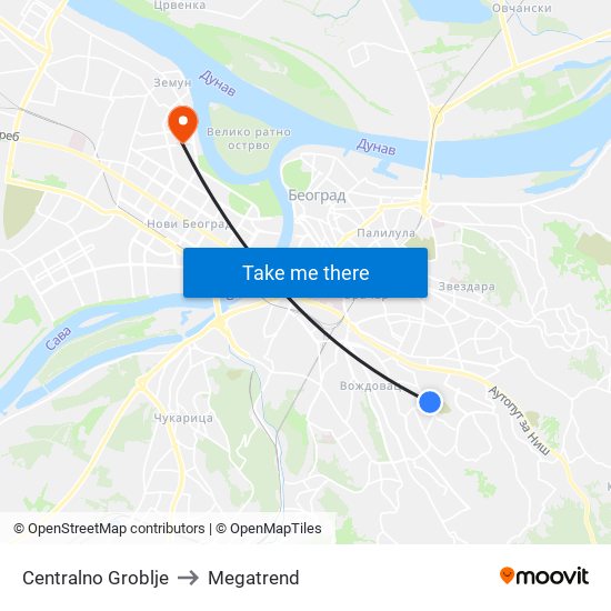 Centralno Groblje to Megatrend map
