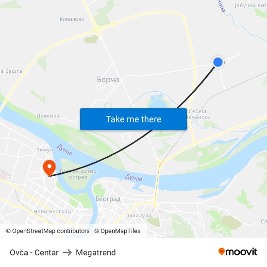 Ovča - Centar to Megatrend map